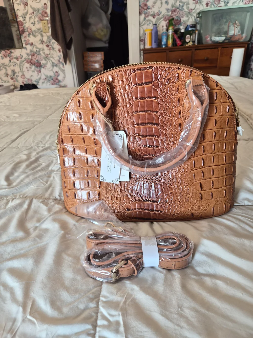 Structured Croc-Embossed Dome Satchel - Brown
